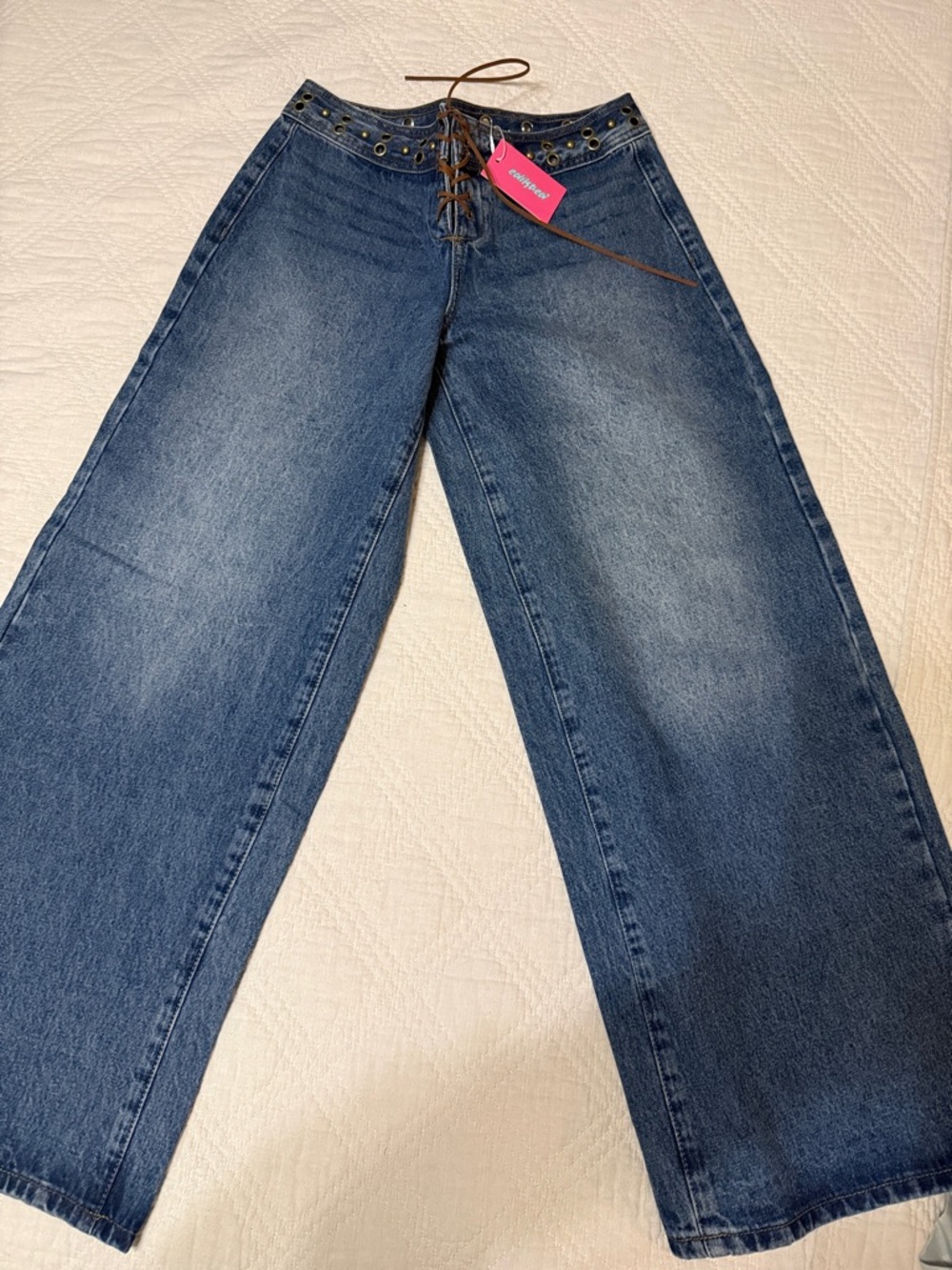 Edikted Lace-Up Waist Wide Leg Blue Jeans